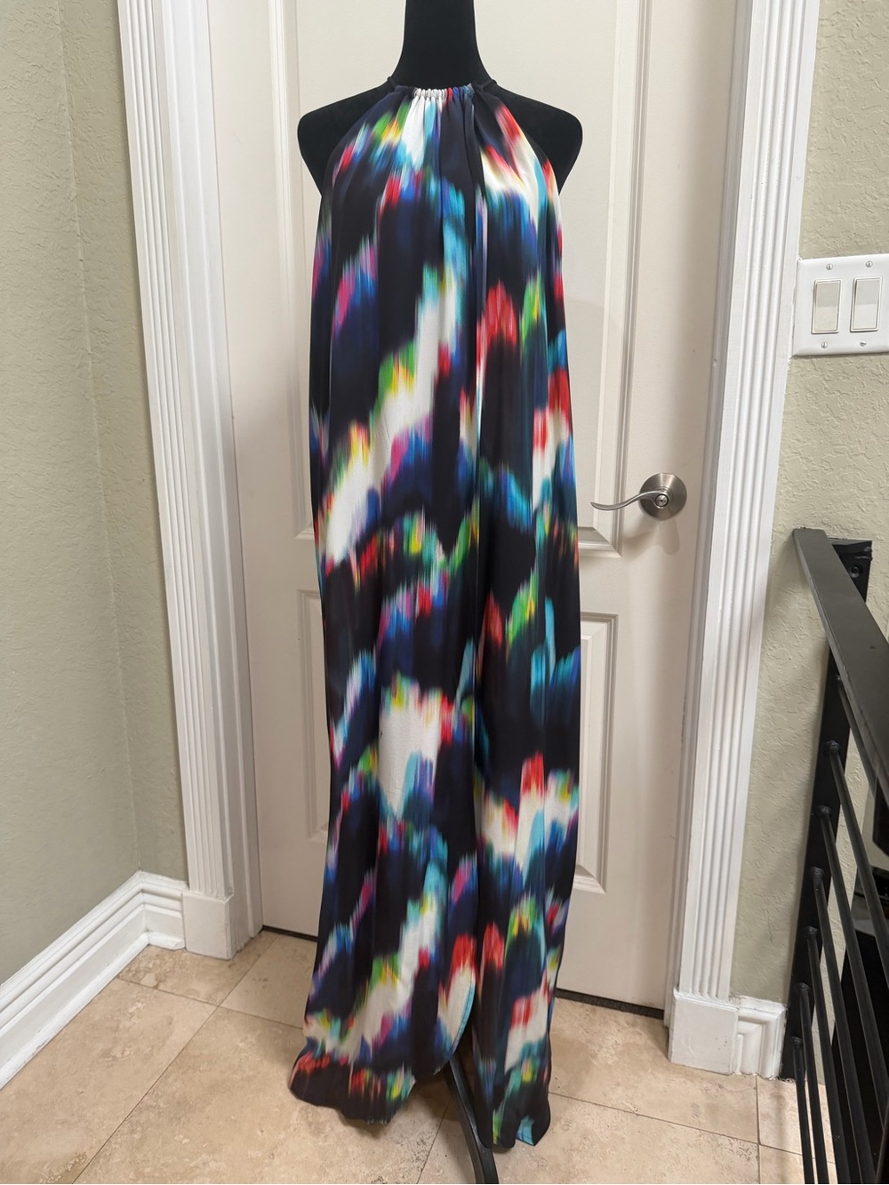 Trina Turk Black Maxi Dress with Vivid Rainbow Brushstroke Print